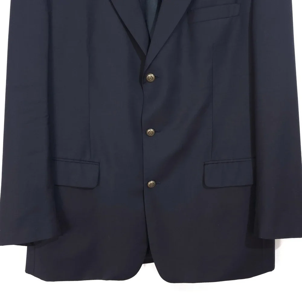 Jos A Bank Mens Blazer 46L Navy Blue 100% Wool 3 Button Brass‎ Crest Sport Coat